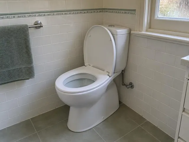 Clean white toilet in a tiled bathroom corner with window and towel rail in Kensington