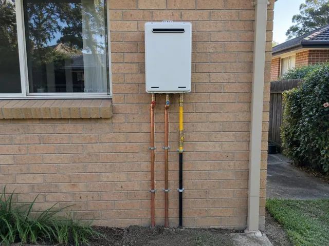 Outdoor hot water system mounted on a brick wall with copper and gas pipework in Eastgardens